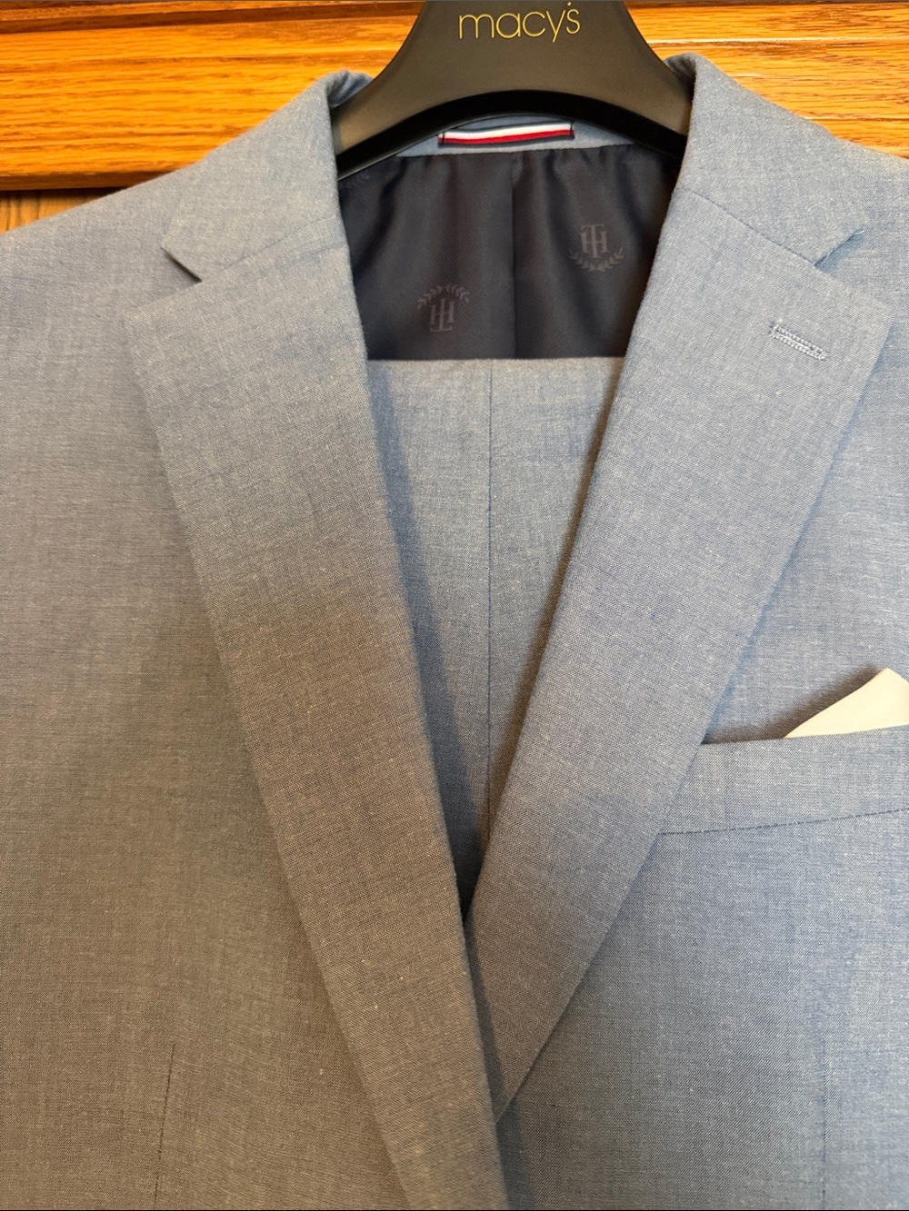 Light Blue Men's Two-Button Chambray Suit Jacket with Pants. - Picture 2 of 7